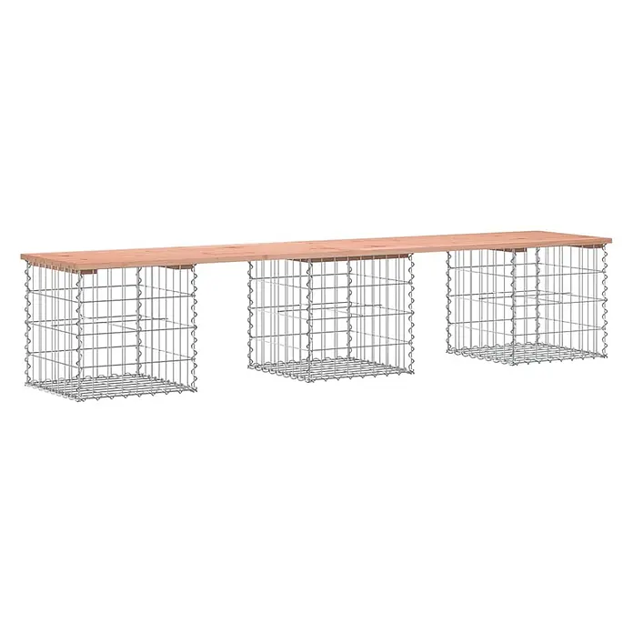 Furnicato Gartenbank - B x T x H: 44 x 203 x 42 cm, Natürliches Douglasie - Lange Gabionenbank mit drei Drahtkorb-Untergestellen und heller Holzplatte.