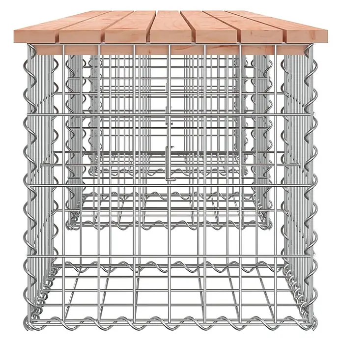 Furnicato Gartenbank - B x T x H: 44 x 203 x 42 cm, Natürliches Douglasie - Gabionenbank mit silbernem Drahtgeflecht-Unterbau und einer hellbraunen Holzlattenplatte.
