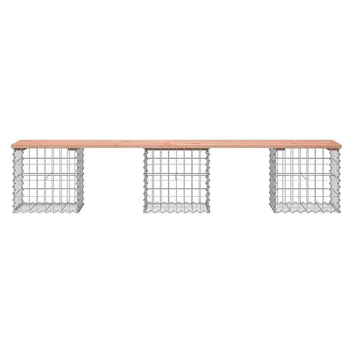Furnicato Gartenbank - B x T x H: 44 x 203 x 42 cm, Natürliches Douglasie - Gabionenbank mit drei Drahtgitter-Stützen und einer Holzplatte in Naturfarbe.
