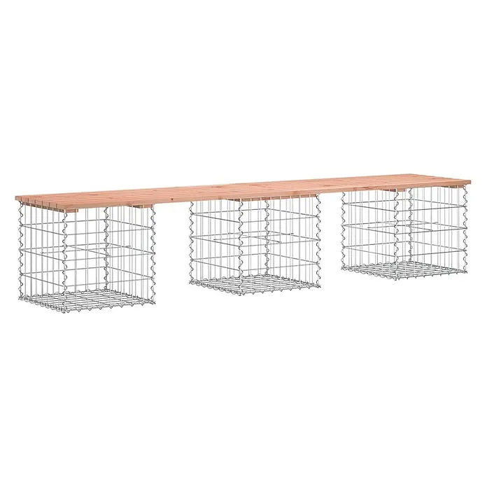 Furnicato Gartenbank - B x T x H: 44 x 203 x 42 cm, Natürliches Douglasie - Lange Gabionenbank mit drei Drahtkörben und Lattenrost aus Holz.
