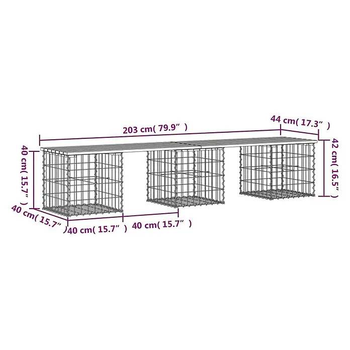 Furnicato Gartenbank - B x T x H: 44 x 203 x 42 cm, Natürliches Douglasie - Lange Gabionenbank mit drei Metallgitterkörben und einer Lattenrostplatte aus Holz, Maße sichtbar.