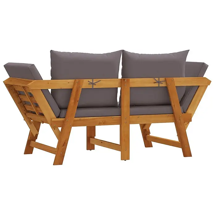 Furnicato Gartenbank Akazien-Massivholz geölt - B x T x H: 205 x 74 x 66 cm, Dunkelgrau - Gartenbank aus Holz mit dunkelgrauen Polstern, von hinten gesehen.