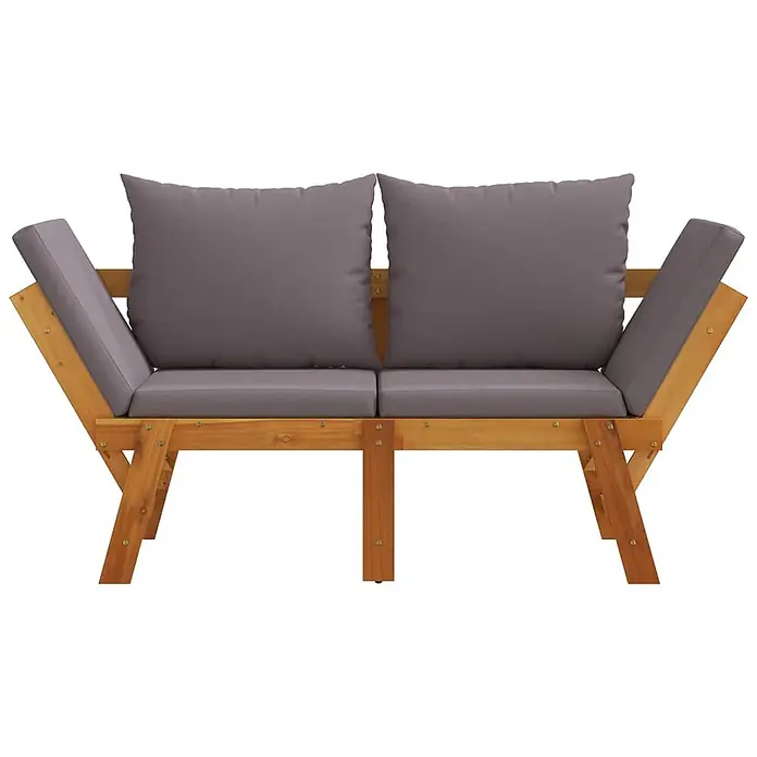 Furnicato Gartenbank Akazien-Massivholz geölt - B x T x H: 205 x 74 x 66 cm, Dunkelgrau - Zweisitzer Outdoor-Sofa aus Holz mit grauen Kissen und schrägen Armlehnen.