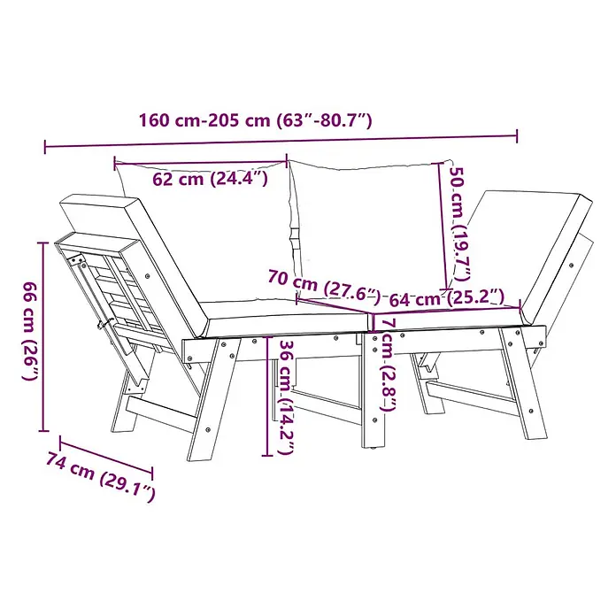 Furnicato Gartenbank Akazien-Massivholz geölt - B x T x H: 205 x 74 x 66 cm, Dunkelgrau - Verstellbare Holz-Gartenliege mit Kissen, detailliert mit verschiedenen Maßen.