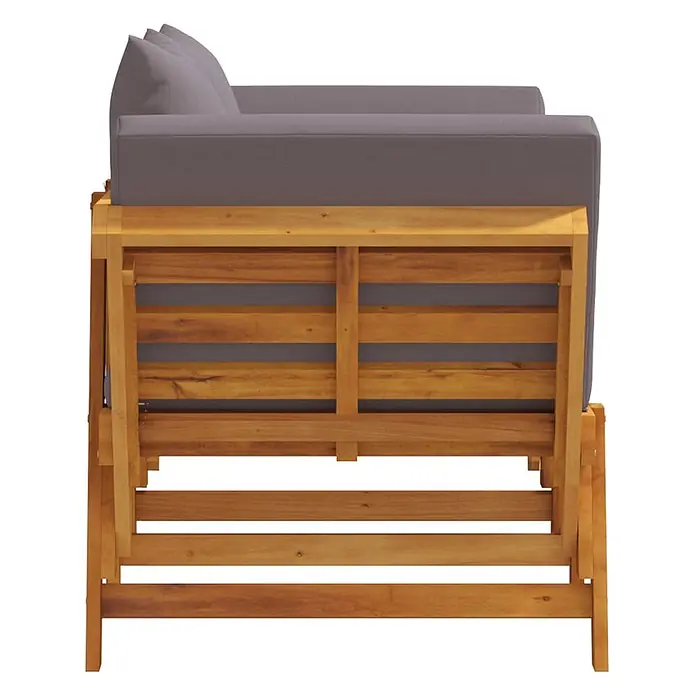 Furnicato Gartenbank Akazien-Massivholz geölt - B x T x H: 205 x 74 x 66 cm, Dunkelgrau - Seitenansicht eines hölzernen Outdoor-Sofas mit grauen Kissen.
