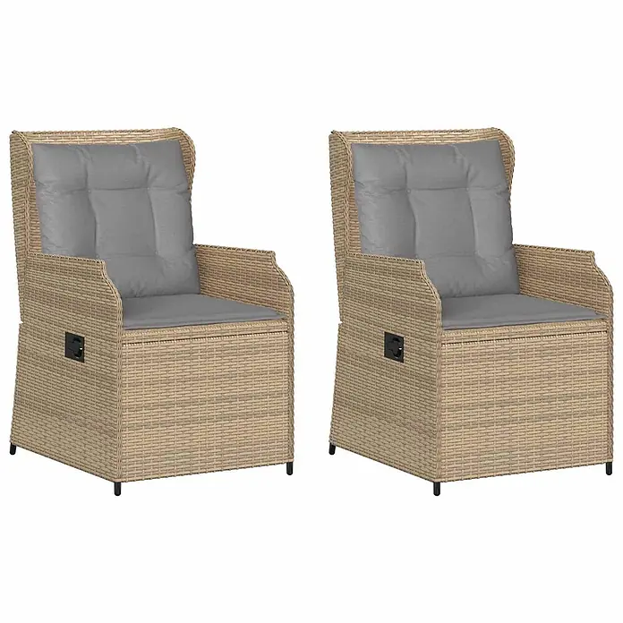Furnicato Gartenbank - B x T x H: 55 x 67 x 95 cm, Beige und Grau - Zwei hellbraune Rattan-Gartenstühle mit hoher Rückenlehne und grauen Kissen.