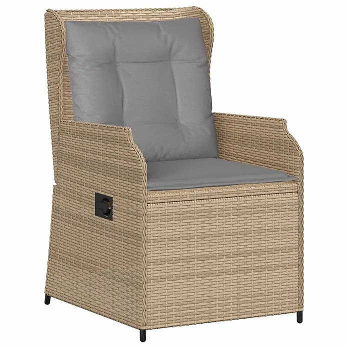 Furnicato Gartenbank - B x T x H: 55 x 67 x 95 cm, Beige und Grau - Hellbrauner Korbsessel mit grauen Kissen und verstellbarer Rückenlehne.