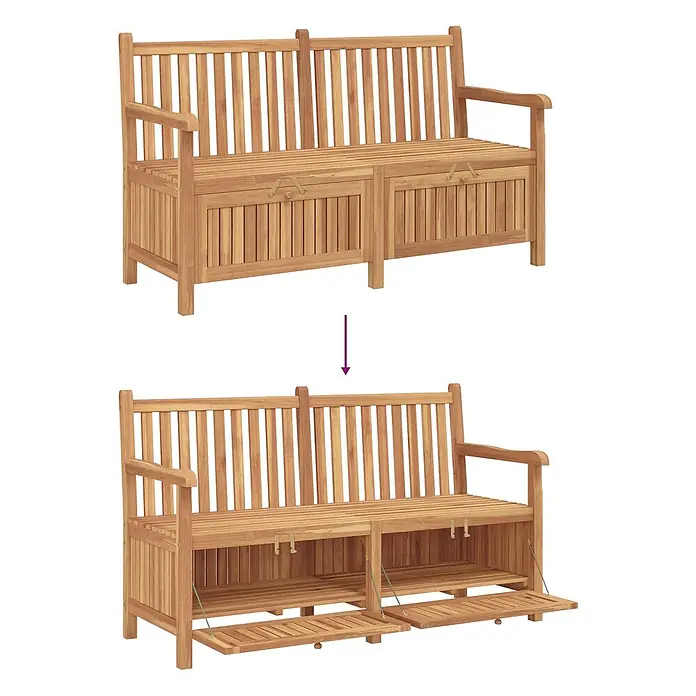 Furnicato Gartenbank Teak-Massivholz - B x T x H: 60 x 150 x 90 cm, Braun - Gartenbank aus Naturholz mit zwei Staufächern, geschlossen und geöffnet mit Regalen.