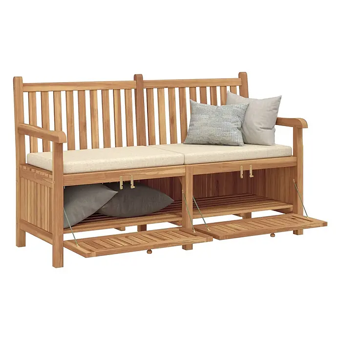 Furnicato Gartenbank Teak-Massivholz - B x T x H: 60 x 150 x 90 cm, Braun - Holzgartenbank mit hellen Polstern, Armlehnen, Lattenrückenlehne und ausklappbaren Staufächern/Schuhregalen unter den Sitzen. Inkl. Aufhängehaken.