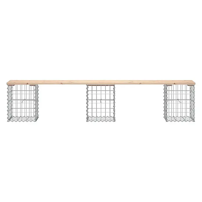 Furnicato Gartenbank - Natürliche Kiefer - Langer Holztisch mit drei silbernen Metall-Gabionenstützen.