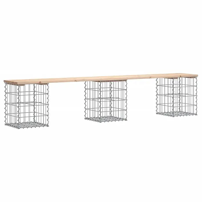 Furnicato Gartenbank - Natürliche Kiefer - Gabionenbank mit heller Holzplatte, getragen von drei grauen Metall-Drahtgeflechtkörben.