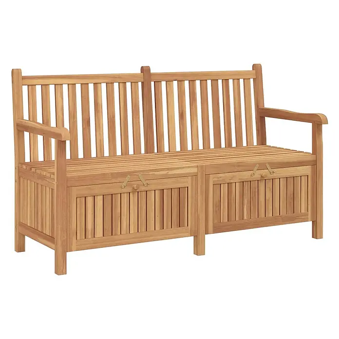 Furnicato Gartenbank Teak-Massivholz - B x T x H: 60 x 150 x 90 cm, Braun - Helle, lattenförmige Gartenbank aus Holz mit Arm- und Rückenlehne sowie zwei Staufächern unter der Sitzfläche mit Verschlüssen.