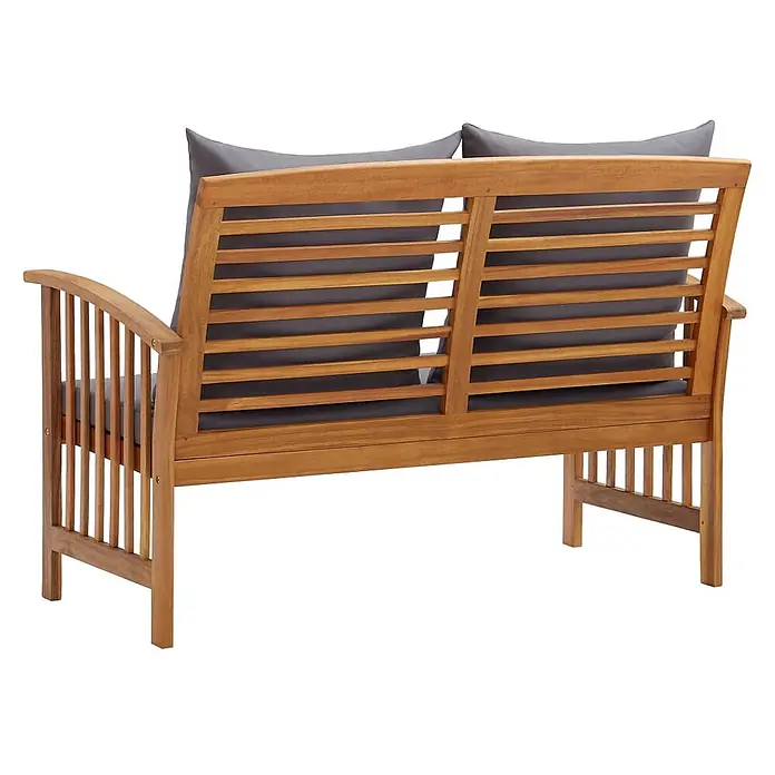 Furnicato Gartenbank Akazien-Massivholz geölt - B x T x H: 67 x 119 x 83 cm, braun und dunkelgrau - Hölzerne Zweisitzer-Gartenbank mit grauen Kissen, von hinten gesehen.