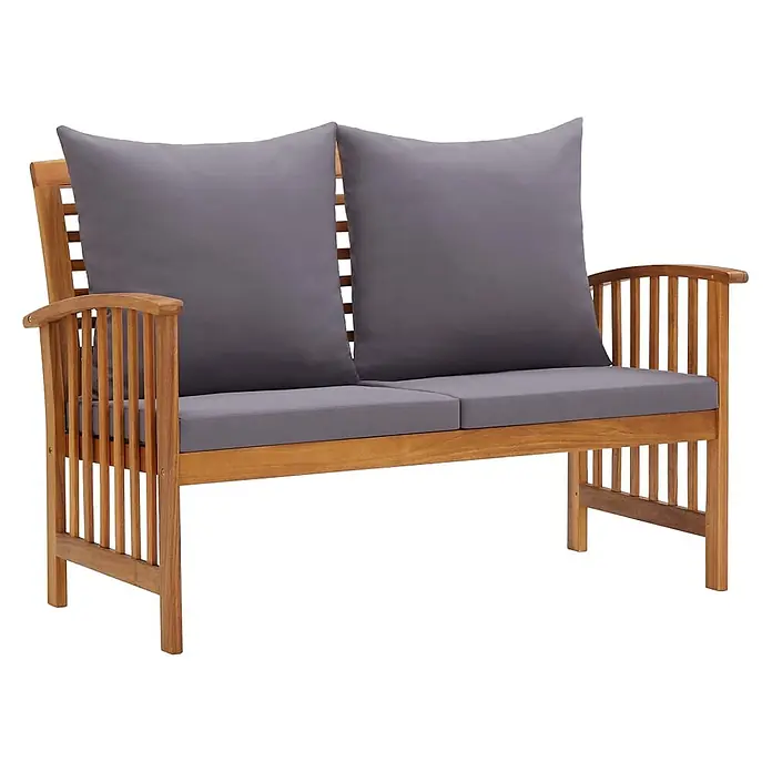 Furnicato Gartenbank Akazien-Massivholz geölt - B x T x H: 67 x 119 x 83 cm, braun und dunkelgrau - Hölzerne Zweisitzer-Gartenbank mit grauen Sitz- und Rückenkissen.