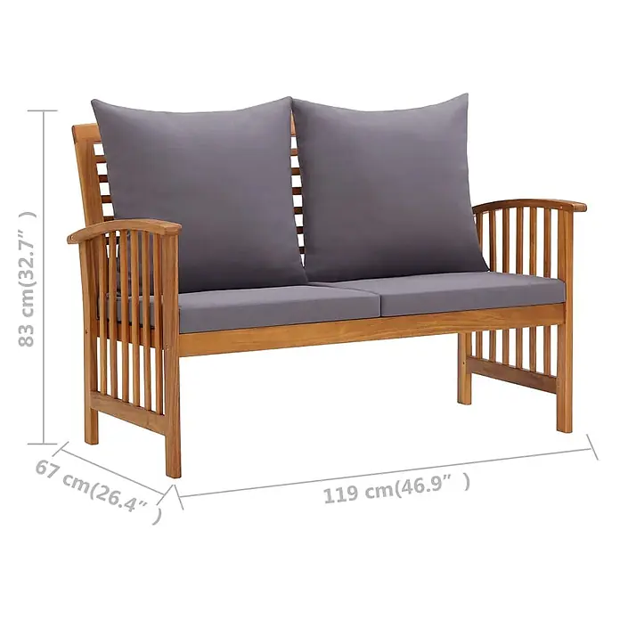 Furnicato Gartenbank Akazien-Massivholz geölt - B x T x H: 67 x 119 x 83 cm, braun und dunkelgrau - Holzgartenbank mit grauen Kissen. Maße: 119x67x83 cm.