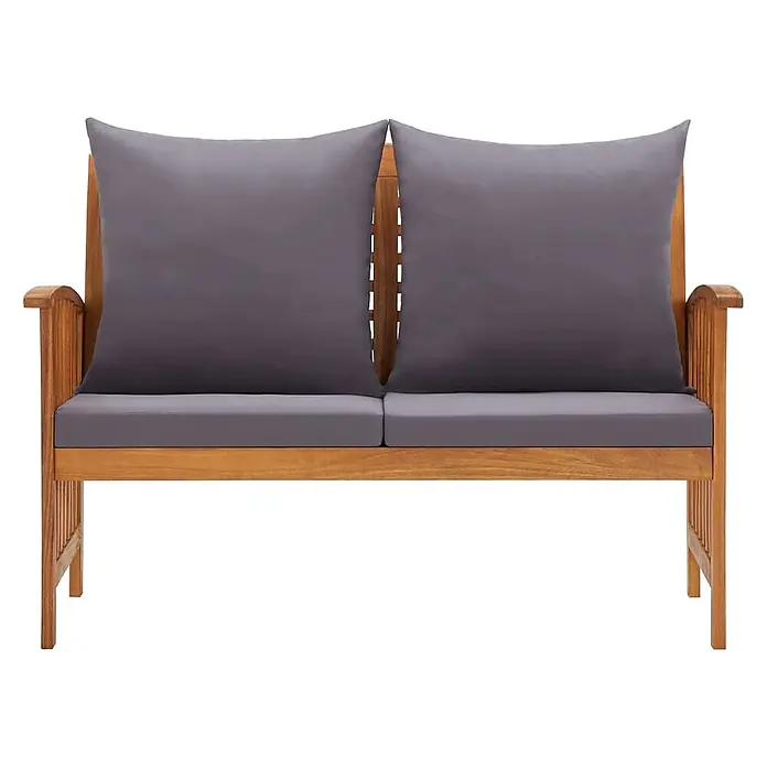 Furnicato Gartenbank Akazien-Massivholz geölt - B x T x H: 67 x 119 x 83 cm, braun und dunkelgrau - Hölzerne Zweisitzer-Gartenbank mit dunkelgrauen Sitz- und Rückenkissen.