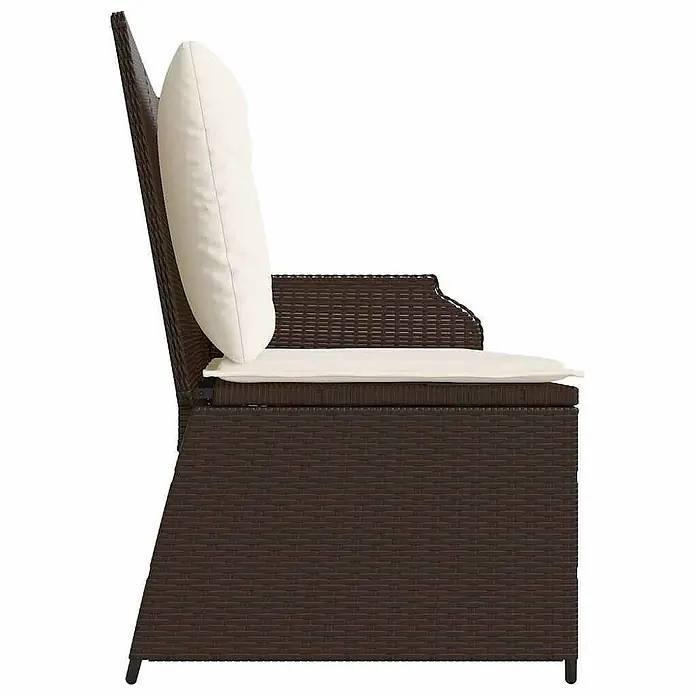 Furnicato Gartenbank - B x T x H: 110 x 95 x 85 cm, Braun - Seitenansicht einer braunen Rattan-Gartenbank mit weißen Sitz- und Rückenpolstern.