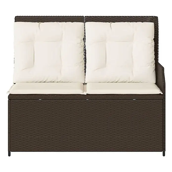 Furnicato Gartenbank PE-Rattan - B x T x H: 110 x 95 x 85 cm, Braun - Braune Rattan-Gartenbank mit 2 Sitzen und Stauraum, cremefarbene Kissen.