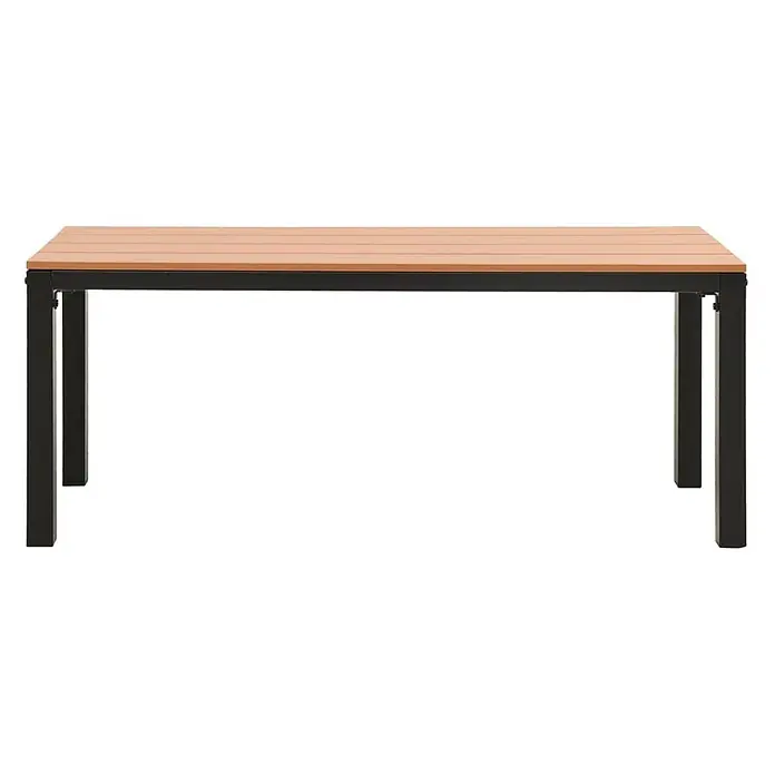 Furnicato Gartenbank WPC - B x T x H: 110 x 39 x 45 cm, Braun und Schwarz - Rechteckiger Tisch mit lattenförmiger hellbrauner Platte und schwarzen Metallbeinen.