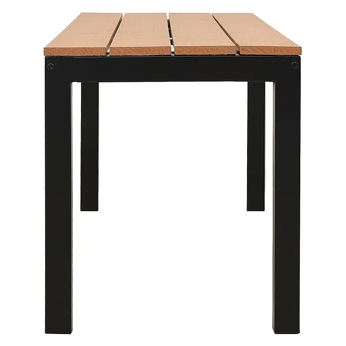 Furnicato Gartenbank WPC - B x T x H: 110 x 39 x 45 cm, Braun und Schwarz - Rechteckiger Tisch mit schwarzem Metallgestell und hellbrauner Lattenplatte.