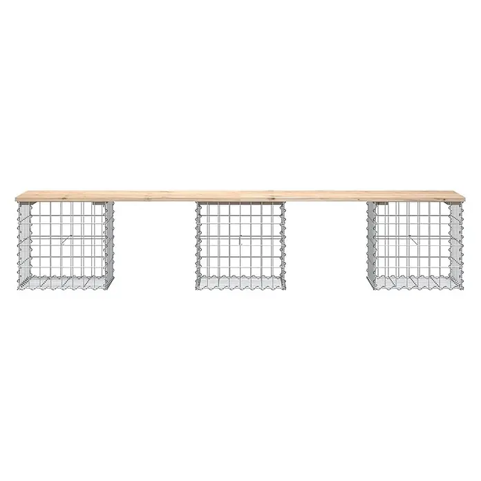 Furnicato Gartenbank Kiefernholz - B x T x H: 203 x 44 x 42 cm, Natürliche Kiefer - Lange Arbeitsplatte aus hellem Holz auf drei grauen Gabionen-Drahtgitter-Basen.