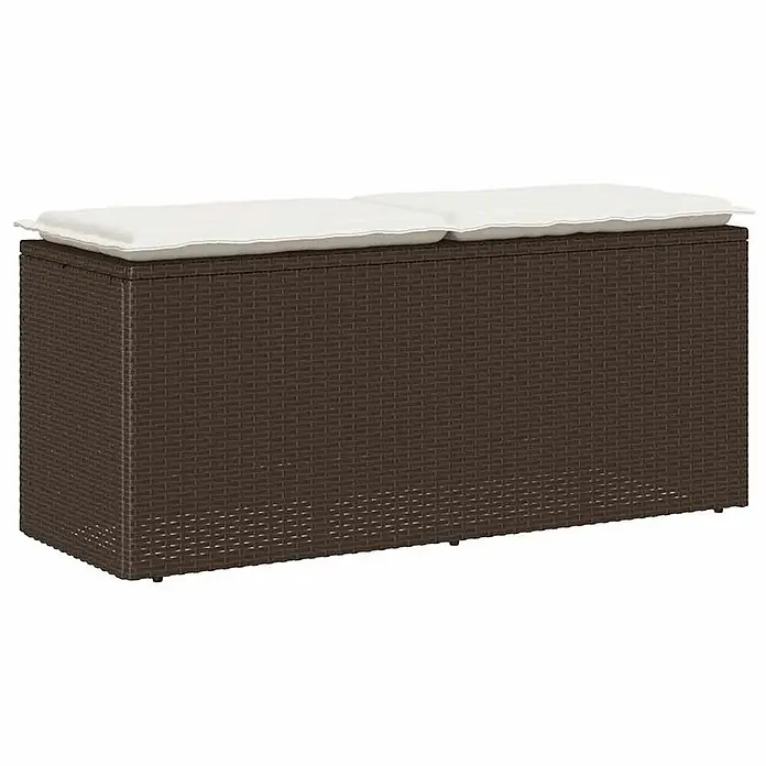 Furnicato Gartenbank PE-Rattan - B x T x H: 110 x 40 x 44 cm, Braun - Braune Rattan-Gartenbox mit zwei weißen Kissen, ideal für Sitzgelegenheiten und Aufbewahrung im Freien.