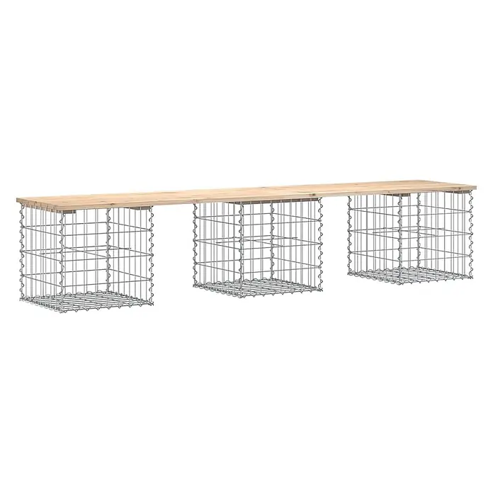 Furnicato Gartenbank Kiefernholz - B x T x H: 203 x 44 x 42 cm, Natürliche Kiefer - Lange Gabionenbank mit drei Drahtgitterstützen und heller Holzplatte.