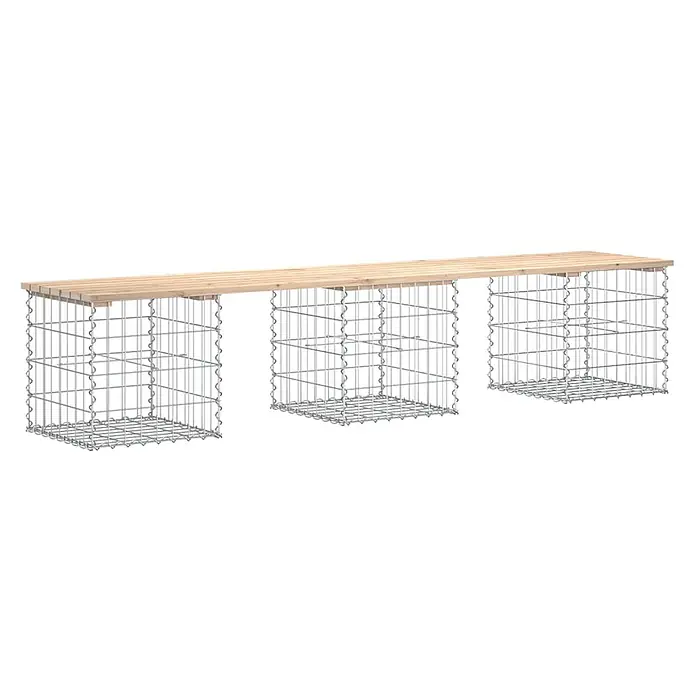Furnicato Gartenbank Kiefernholz - B x T x H: 203 x 44 x 42 cm, Natürliche Kiefer - Lange Holzbankplatte auf drei metallischen Drahtgitter-Gabionenkörben, geeignet für Sitzgelegenheiten im Freien.