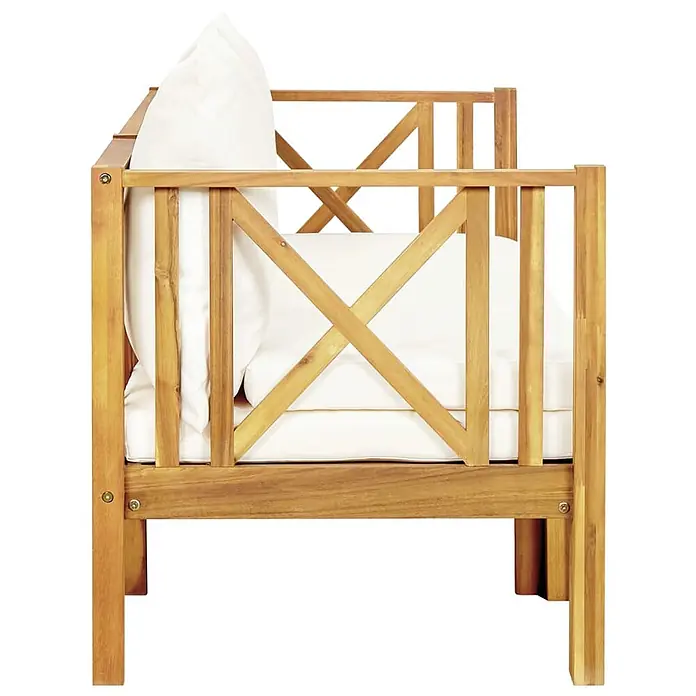 Furnicato Gartenbank Akazien-Massivholz Cremeweiß - B x T x H: 179 x 118 x 68,5 cm, Creme - Hölzerner Gartensessel mit X-förmigen Seiten und weißen Kissen.