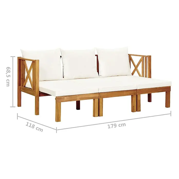 Furnicato Gartenbank Akazien-Massivholz Cremeweiß - B x T x H: 179 x 118 x 68,5 cm, Creme - Holz-3-Sitzer-Gartensofa mit weißen Kissen.