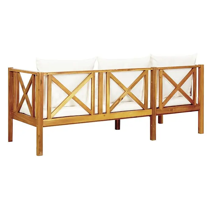 Furnicato Gartenbank Akazien-Massivholz Cremeweiß - B x T x H: 179 x 118 x 68,5 cm, Creme - Dreisitzer-Outdoor-Sofa aus Holz mit weißen Kissen und X-förmigen Rückenlehnen.