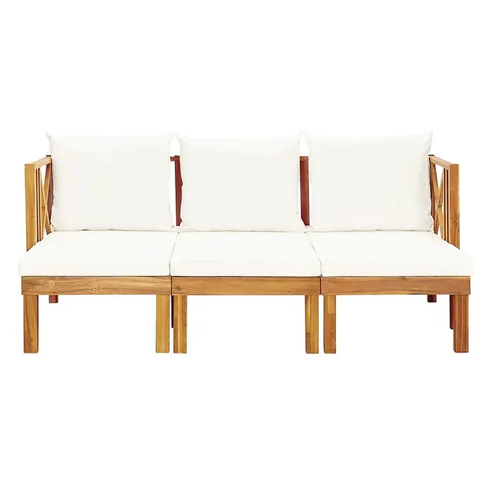 Furnicato Gartenbank Akazien-Massivholz Cremeweiß - B x T x H: 179 x 118 x 68,5 cm, Creme - Dreisitzer-Holzsofa für draußen mit weißen Kissen.