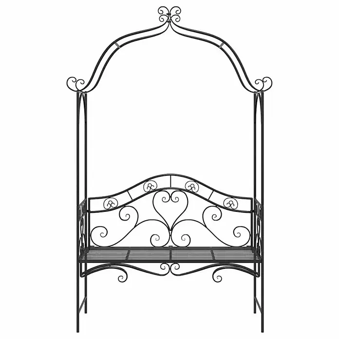 Furnicato Gartenbank Vollstahl - B x T x H: 48 x 121 x 200 cm, Schwarz - Schwarze, verzierte Gartenlaubenbank aus Metall mit dekorativen Schnörkeln und herzförmiger Rückenlehne.