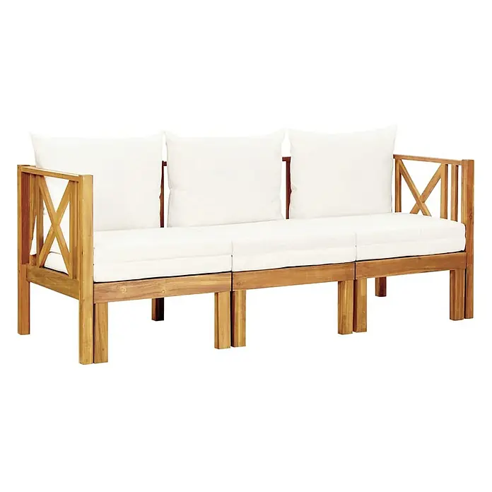 Furnicato Gartenbank Akazien-Massivholz Cremeweiß - B x T x H: 179 x 118 x 68,5 cm, Creme - Hölzernes Gartensofa mit weißen Sitz- und Rückenkissen.