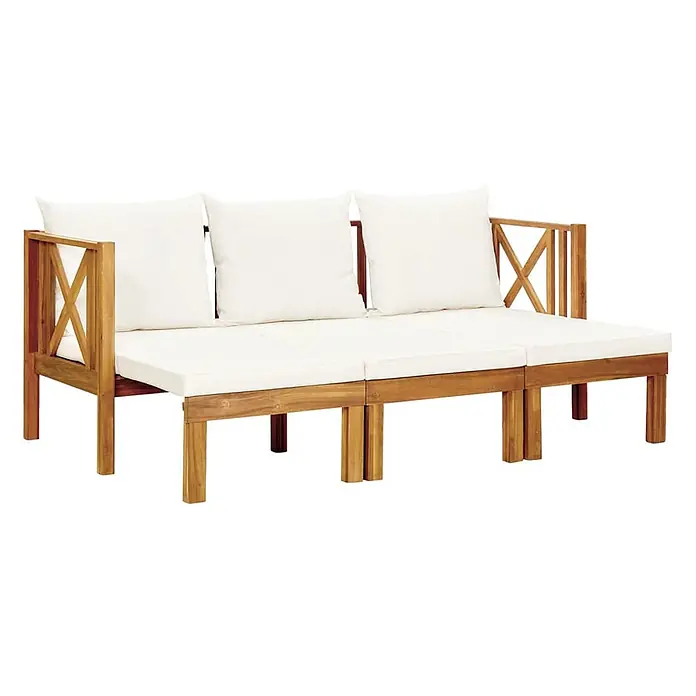 Furnicato Gartenbank Akazien-Massivholz Cremeweiß - B x T x H: 179 x 118 x 68,5 cm, Creme - Hölzernes Outdoor-Sofa mit weißen Sitz- und Rückenkissen. Mit X-förmigen Armlehnen und Rückendetails, dreiteilig.