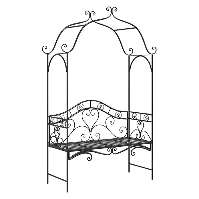 Furnicato Gartenbank Vollstahl - B x T x H: 48 x 121 x 200 cm, Schwarz - Schwarzer, kunstvoller Metall-Gartenbogen mit integrierter Bank und dekorativen Schnörkeln sowie Herzakzenten.