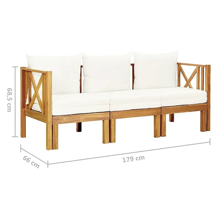 Furnicato Gartenbank Akazien-Massivholz Cremeweiß - B x T x H: 179 x 118 x 68,5 cm, Creme - Dreisitziges Holzsofa mit weißen Kissen, Maße 179x66x68,5 cm (BxTxH).