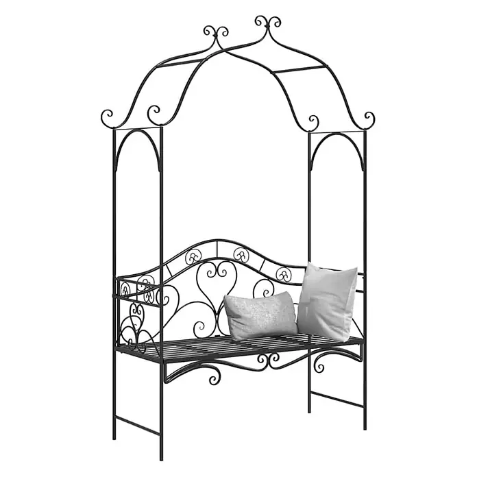 Furnicato Gartenbank Vollstahl - B x T x H: 48 x 121 x 200 cm, Schwarz - Schwarze Gartenbank mit Rankgitter aus Metall, Zierelementen und zwei grauen Kissen.