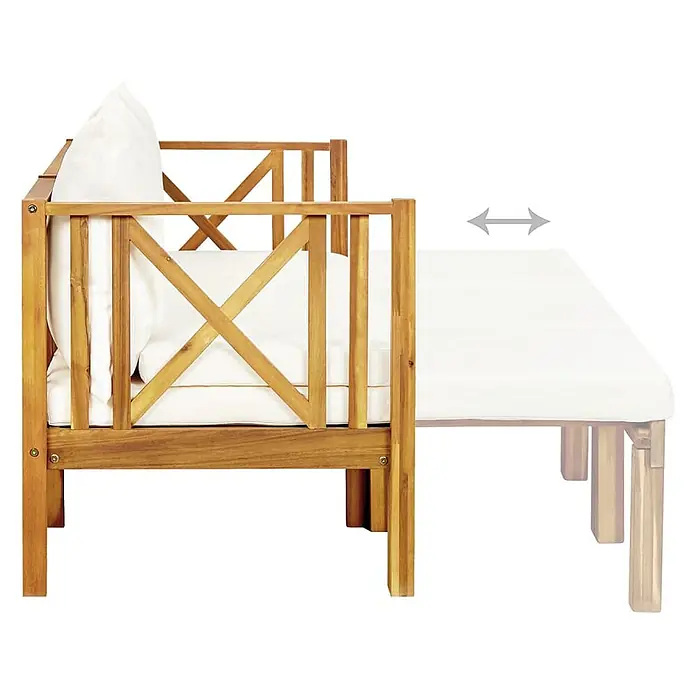 Furnicato Gartenbank Akazien-Massivholz Cremeweiß - B x T x H: 179 x 118 x 68,5 cm, Creme - Gartensofa aus Holz mit weißen Kissen, ausziehbar zum Tagesbett.