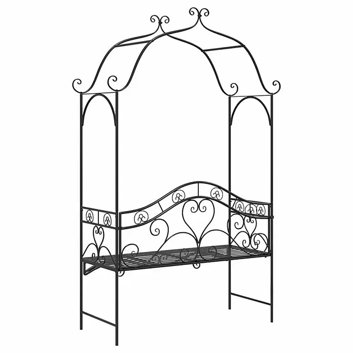 Furnicato Gartenbank Vollstahl - B x T x H: 48 x 121 x 200 cm, Schwarz - Schwarzer Metall-Rosenbogen mit integrierter Bank und verschnörkelten Verzierungen. Ideal für Kletterpflanzen und Sitzgelegenheiten.
