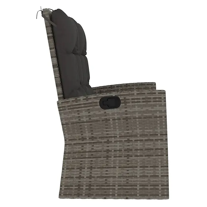 Furnicato Gartenbank - Grau - Seitenansicht eines grauen Rattan-Relaxsessels mit dunkelgrauen Polstern und schwarzem Hebel.
