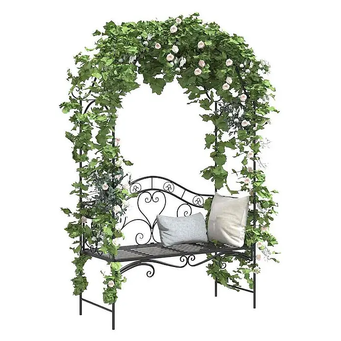 Furnicato Gartenbank Vollstahl - B x T x H: 48 x 121 x 200 cm, Schwarz - Schwarze Metall-Gartenbogenbank mit grünen Ranken und rosa Rosen, dazu eine bequeme Sitzfläche mit zwei hellen Kissen.