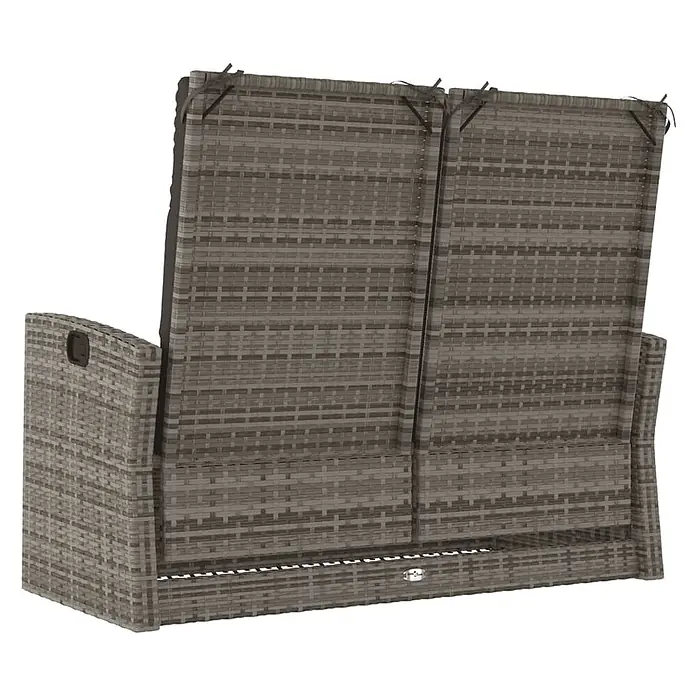 Furnicato Gartenbank - Grau - Rückenansicht eines grauen Rattan-Zweisitzer-Gartensofas mit schwarzen Kissen.