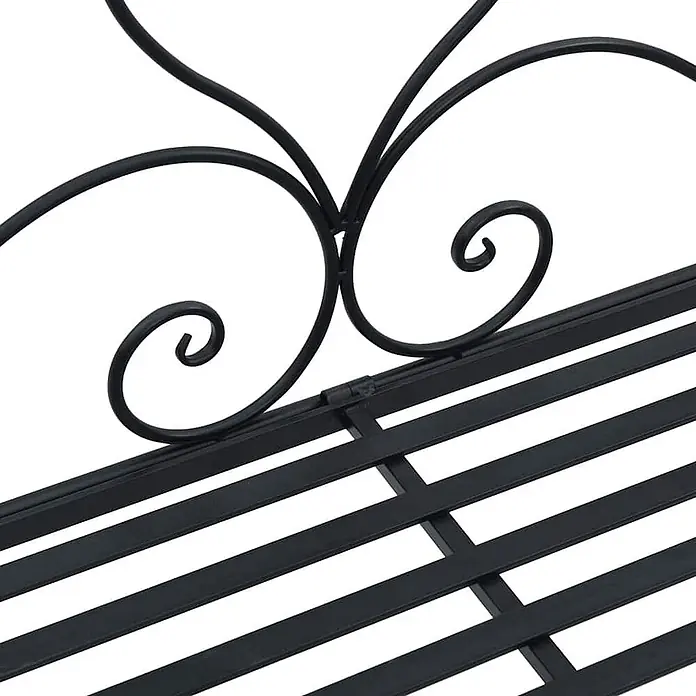 Furnicato Gartenbank Vollstahl - B x T x H: 48 x 121 x 200 cm, Schwarz - Nahaufnahme einer schwarzen Metallbanklehne mit dekorativen Schnörkeln und Lattenrostsitzfläche.
