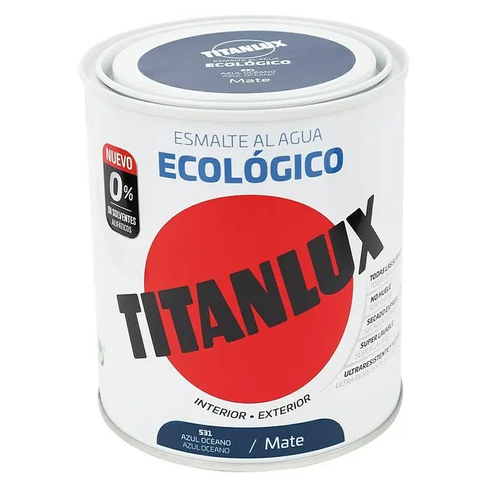 Titanlux Esmalte de color Eco - Azul océano, Mate, 750 ml, Base de agua - Esmalte al agua TITANLUX, ecológico y mate, en color "Azul Oceano". Ideal para interiores y exteriores.