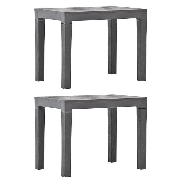 Furnicato Gartenbank Kunststoff Moccafarben - B x T x H: 60 x 38,5 x 45 cm, Mokka - Zwei identische graue Tische mit Lattenplatten und strukturierten Beinen.