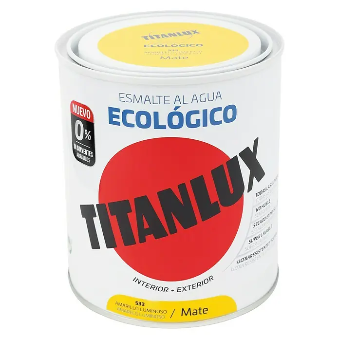 Titanlux Esmalte de color Eco - Amarillo luminoso, Mate, 750 ml, Base de agua - Bote de esmalte al agua Titanlux, ecológico, amarillo, mate. Para interior y exterior. Sin disolventes, súper lavable, ultra resistente.