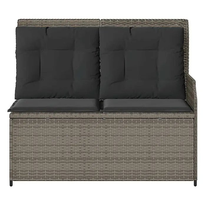 Furnicato Gartenbank - B x T x H: 95 x 110 x 95 cm, Grau - Grau geflochtene Outdoor-Sitzbank für zwei Personen mit Stauraum und dunkelgrauen Kissen.
