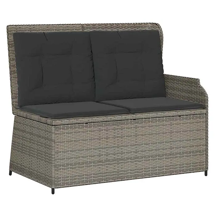 Furnicato Gartenbank - B x T x H: 95 x 110 x 95 cm, Grau - Zweisitzige graue Rattan-Gartenbank mit Stauraum und dunkelgrauen Kissen.