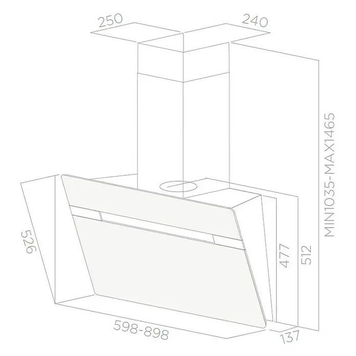 Turboair Campana extractora Thunder - Ancho: 60 cm, 757 m³/h, Blanco - Un dibujo técnico de una campana extractora con varias dimensiones en milímetros. Especificaciones precisas para la planificación.